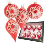 Krebs Glas Lauscha - Décoration de Noël/décoration de sapin de Noël en verre - Boules réfléchissantes et gouttes satinées et brillantes avec fioritures dorées - Couleur : rouge - Dimensions : environ