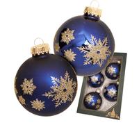 Krebs Glas Lauscha - Décoration de Noël/Décorations de Noël en verre - 4 décors Boule brillante/satin flocon de neige doré - Couleur : bleu - Dimensions : environ 7 cm