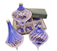 Krebs Glas Lauscha - Décoration de Noël/décorations de Noël en verre - Set de boules en verre baroque - Couleur : bleu/doré - Taille : 2 fois 3 formes différentes (11-13 cm)