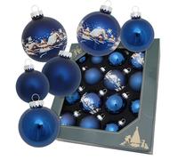 Krebs Glas Lauscha - Décoration de Noël/décorations de sapin de Noël en verre - Assortiment de boules en verre Village enneigé - Quantité : 16 pièces - Couleur : bleu cobalt - Taille : environ 5-8 cm