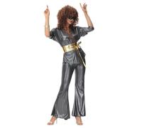 Kreeqe Costume de diva disco de style hippie groovy pour femme - Tenue d'Halloween non effrayante pour bal masqué - Tenue rétro des années 70 (noir, taille M)