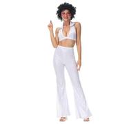 Kreeqe Costume de diva disco groovy hippie pour femme - Tenue d'Halloween non effrayante pour bal masqué - Tenue rétro des années 70 (blanc, XL)