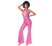 Kreeqe Costume de diva disco groovy hippie pour femme - Tenue d'Halloween non effrayante pour bal masqué - Tenue rétro des années 70 (rose, XL)