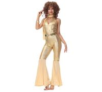 Kreeqe Costume de diva disco groovy hippie pour femme - Tenue d'Halloween non effrayante pour bal masqué - Tenue rétro des années 70 (doré, taille XL)