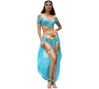 Kreeqe Costume ravissant de princesse arabe pour femmes, costume d'Halloween dernière minute - Tenue de fête sexy - Robe de costumade (bleu azur, taille M)