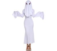 Kreeqe Enchanteur adulte femme élégante fantôme robe de costumade rapide costume d'Halloween dernière minute facile (blanc, M)