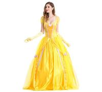 Kreeqe Ensemble complet de costume de princesse de scène jaune avec perruque pour cheveux, pour cosplay, Halloween, taille L