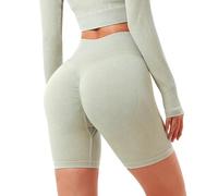 Kreeqe Ensemble de yoga ultra élastique sans couture pour femme : haut de sport côtelé à manches longues, leggings fuselés, vêtements de fitness toutes saisons, vert soleil, L