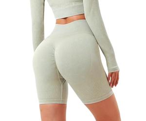 Kreeqe Ensemble de yoga ultra élastique sans couture pour femme : haut de sport côtelé à manches longues, leggings fuselés, vêtements de fitness toutes saisons, vert soleil, L