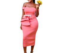 Kreeqe Robe fourreau moderne et élégante, sans bretelles, longueur midi, avec col bateau et bordure à volants en mélange polyester et élasthanne pour les occasions formelles, Rose, M