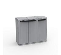 Kreher Armoire de rangement de jardin pour poubelles Armoire XXL très grande, avec 3 portes et trois supports pour sacs poubelle et recyclage. Ouverture à l'avant et par le haut. Couleur gris neutre.