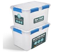 Kreher Boîte de rangement de 50 litres avec couvercle, étanche, résistante à la poussière, transparente et empilable, sans BPA et sans substances nocives, boîte en plastique robuste avec joint en