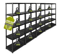 Kreher Lot de 4 étagères XXL en plastique pour charges lourdes - 5 tablettes - Noir - Charge maximale : 350 kg par étagère - TÜV Rheinland