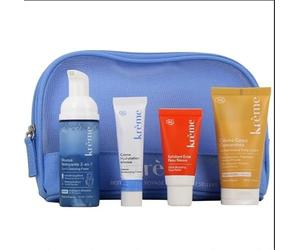 Krème Travel Kit, Trousse de Voyage avec Mousse Nettoyante 2-en-1, Crème Hydratation Intense, Exfoliant Éclat, Crème Corps Concentrée, Bleu