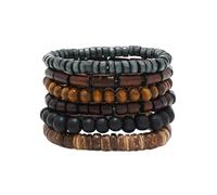 KRENIE Lot de 6 bracelets en perles en bois pour homme - Bracelets en perles de noix de coco pour homme - Bracelets élastiques multicouches en bois naturel - Bracelets de perles empilables pour un