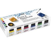 KREUL 16601 - Glass & Porcelain Clear Set de 6 pots de peinture transparente pour verre et porcelaine de 20 ml avec 1 pinceau Peinture à base d’eau (jaune, orange, rouge, bleu, vert et marron)
