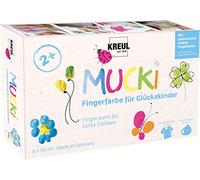 KREUL 23050 - Mucki Peinture au doigt pour enfants chanceux, 6 x 50 ml en jaune, rose, bleu diamant, vert, orange, argent dragon, sans parabène, sans gluten, sans lactose, végétalien, lavable