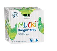 KREUL 2314 - Mucki Set de 4 pots de peinture au doigt de 150 ml Peinture végane sans parabène, gluten ni lactose Lavable et applicable au doigt, au pinceau et à l’éponge Couleurs lumineuses