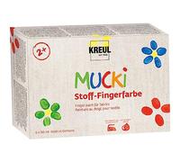 KREUL 28420 - Mucki Peinture Doigts Textile, 6 x 150 ml blanc, jaune, rouge, vert, bleu, violet, couleurs lumineuses à base d’eau pour enfants dès 2 ans