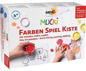 KREUL 29100 - Mucki Wir mischen, malen, tupfen Coffret de peinture au doigt avec 5 pots de peinture de 50 ml, 2 petits pots mélangeurs et 10 modèles de dessins Jeu d’apprentissage