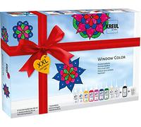 KREUL 42849 - Window Color XXL Set, 10 x 80 ml peinture pour fenêtres, inclus 80 ml de contour, film spécial, 150 pierres décoratives et modèles avec fleurs et mandalas