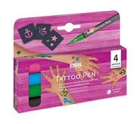 Kreul 62171 - Kit de Stylo de Tatouage, 4 stylos et 3 pochoirs, encre cosmétique à base d'eau, tient jusqu'à 5 jours, testé dermatologiquement, végétalien, sans paraben