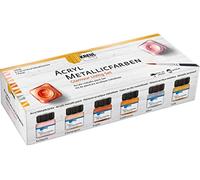 KREUL 77601 - Peintures acryliques métalliques dans le kit Color Living, 6 x 20 ml et un pinceau, glamour à effet métallique à base d'eau, couvrante et crémeuse, séchage rapide et résistante à l'eau