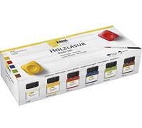 Kreul 78500 - Kit de lasure Acrylique pour Bois aux Couleurs intenses, 6 x 20 ML de Peinture en Blanc, Jaune Soleil, Cerise, Outremer, Pistache, Marron et Pinceau pour Bois Naturel Non traité
