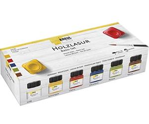 KREUL 78500 - Kit de lasure Acrylique pour Bois aux Couleurs intenses, 6 x 20 ML de Peinture en Blanc, Jaune Soleil, Cerise, Outremer, Pistache, Marron et Pinceau pour Bois Naturel Non traité