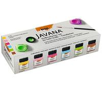 KREUL 90599 - Javana Set de 6 pots de peinture pour tissus clairs de 20 ml avec 1 pinceau Couleurs tendance brillantes Caractère crémeux Résiste au lavage après fixation