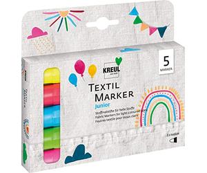 Kreul 90719-Textil Marker Set Junior, Medium, 5 Crayons Tissus clairs avec Une épaisseur de Trait de 2 à 4 mm, la Couleur néon s'illumine sous la lumière Noire, Multicolor, One size