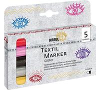 Kreul 92651 - Textil Marker Set Glitter, medium, 5 pièces, épaisseur de trait 2 à 4 mm, à base d'eau, crayons de couleur pour tissu semi-couvrants avec effet scintillant