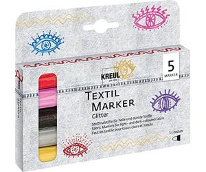 Kreul 92651 - Textil Marker Set Glitter, medium, 5 pièces, épaisseur de trait 2 à 4 mm, à base d'eau, crayons de couleur pour tissu semi-couvrants avec effet scintillant