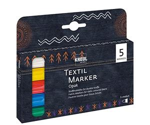 Kreul 92750 - Textil Marker Opak medium Set, 5 crayons, pointe ogive, épaisseur de trait env. 2 à 4 mm, crayons de couleur opaques pour la décoration de tissus clairs et foncés