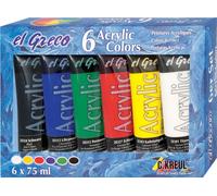 Kreul 28260 - Couleurs acryliques El Greco, 6 x 75 ml, peinture acrylique brillante, hautement pigmentée, qualité d'étude, peut être peinte avec du beurre, pour une peinture pâteuse