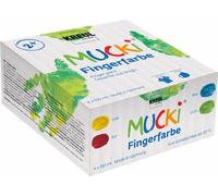 KREUL 2314 - Mucki Set de 4 pots de peinture au doigt de 150 ml Peinture végane sans parabène, gluten ni lactose Lavable et applicable au doigt, au pinceau et à l’éponge Couleurs lumineuses