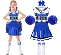 Krfapt Costume Pompom Girl Enfant - Tenue de Pompom Girl Fille 6-12 Ans avec Pompons - Déguisement Cheerleader pour Halloween, Carnaval et Fête Déguisée (bleu, 130)