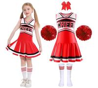 Krfapt Costume Pompom Girl Enfant - Tenue de Pompom Girl Fille 6-12 Ans avec Pompons - Déguisement Cheerleader pour Halloween, Carnaval et Fête Déguisée (Rouge, 110)