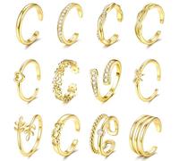 KRFY 12Pcs Bagues d'orteil 14K Plaqué Or pour Femmes, Modèles Ouvertes Réglables Trois Rangs avec Fleur, Cœur, Noeud et Zircone, Imperméables, Bijoux de Pied pour l'Été et la Plage-G
