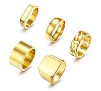 KRFY 5 PCS Bagues pour hommes en acier inoxydable Signet Ring Gold Rings Square Pinky Thumb Ring Chunky Thick Cuban Link Chain Finger Ring Wedding Cool Band Ring Set