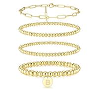KRFY Bracelets à Initiales en Or pour Femmes et Filles Adolescents, Plaqué Or 14K, Non-Tarnissable, Bracelets Perles B avec Charms Lettres, Bracelets Élastiques en Perles d'or, Bracelets Empilables
