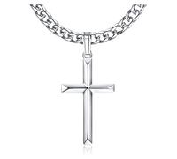 KRFY Pendentif Croix Argent Sterling 925 avec Chaîne à Maillons Cubains Acier Inoxydable Taille Diamant Collier Miami Plaqué Or Blanc 18K Poli Bord Biseauté Pendentif Croix Collier Homme Femme 46-76CM