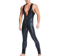 KRLZKID Combinaison en simili cuir pour hommes Body en cuir brillant Déguisement de pole dance adulte,Black-XL