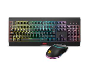 KROM Kabala - Kit Gaming Clavier Membrane sans Fil RGB Rainbow rétroéclairé, 6 Touches Anti-ghosting, Souris Optique 800-4800 DPI, Layout Espagnol, Compatible PC - Noir