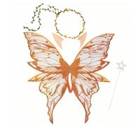 Kronabelle Accessoires Ailes de fée dorées 80 x 75 cm, Ensemble Halloween avec Ailes d'ange, Serre-tête Liane, Oreilles d'elfe et Baguette étoile, pour Cosplay, scène, fête à thème Papillon