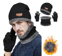 Kronabelle Kit de bonnet, écharpe, gants, bonnet, écharpe en acrylique doublé polaire et gants pour écran tactile, écharpe chaude pour homme et femme, activités de plein air, noir