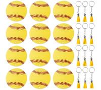Kronabelle Lot de 12 porte-clés en acrylique jaune avec motifs de balle molle et coutures rouges, breloques à pompons pour personnalisation à faire soi-même, anneau en métal pour équipes sportives