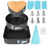 Kronabelle Lot de 3 moules à gâteau au fromage antiadhésifs avec poche à douille et racloirs, moules à charnière étanches en forme de cœur rond et carré pour les amateurs de pâtisserie et pâtissiers