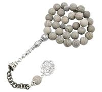 Kronabelle Tasbeeh Lot de 33 perles de prière musulmanes en bois et pierre de 10 mm fabriquées à la main avec connecteurs argentés et perles décoratives en métal, boîte de rangement texturée incluse