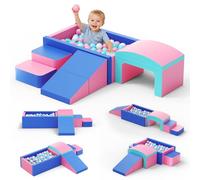 Krovtoy Lot de 6 blocs de construction en mousse pour enfants avec piscine à balles et tunnel, blocs de construction souples comme cadre d'escalade d'intérieur pour les tout-petits, rose et bleu